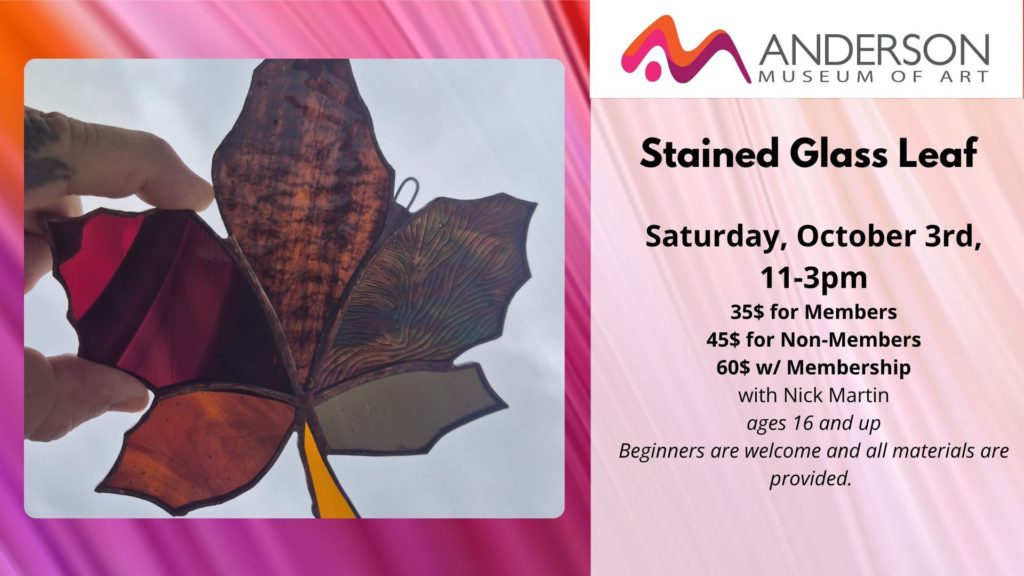 Image of stained glass leaf and sign-up link for the class on Saturday, October 3rd 11 am to 3pm.